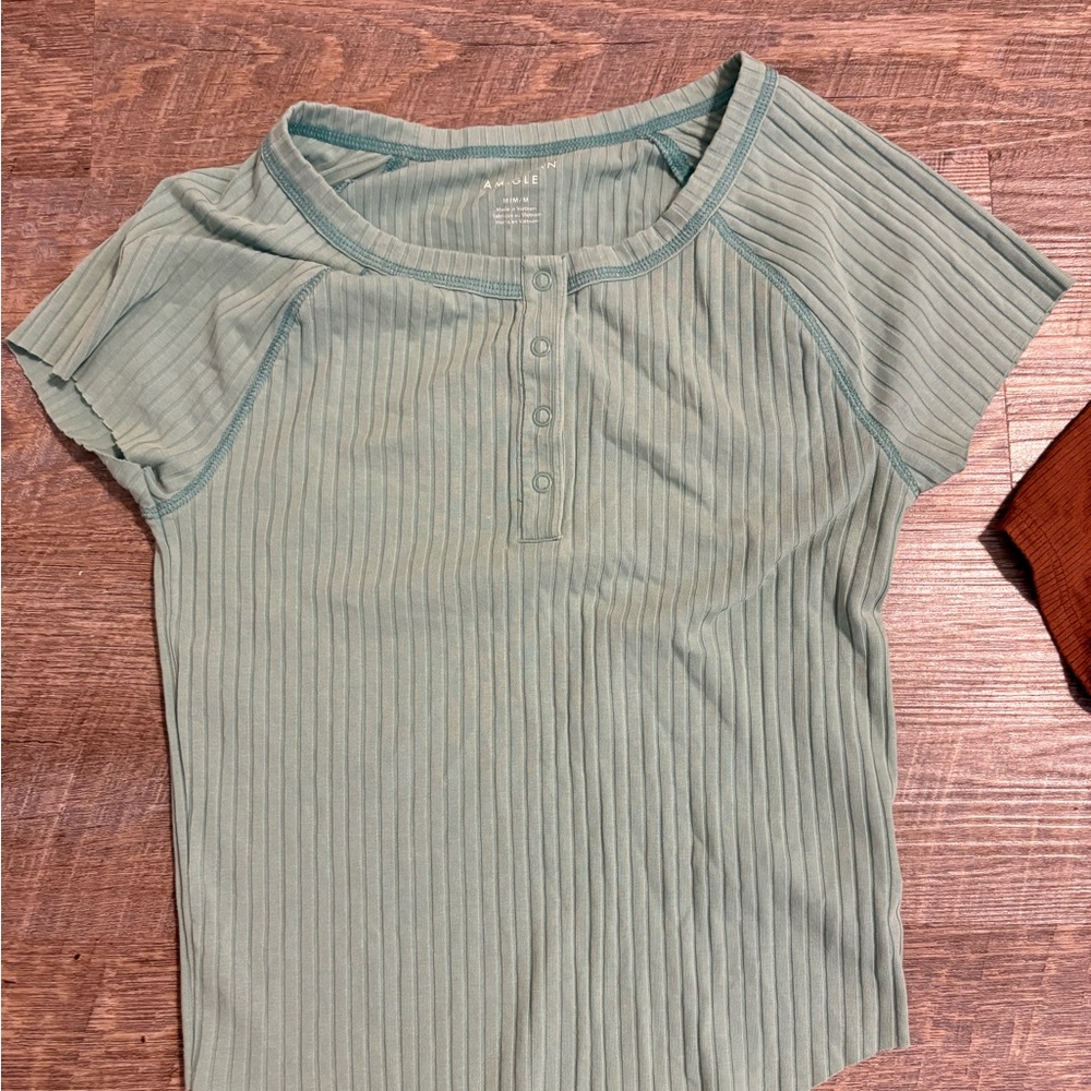 American Eagle Outfitters Sage Ribbed Short Sleeve Top